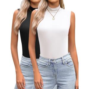 Zeagoo Womens Mock Turtleneck Tank Tops 2026 Slim Fitted Sleeveless Top Stretchy Basic Casual Layer Tee Shirts(Z-2 Pack- Black and White)