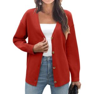 Zeagoo Women’s Oversized Button Cardigan Sweaters 2026 Fall Open Front Lightweight Cardigans V Neck Loose Knit Outwear(Red)