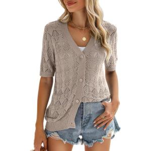 Zeagoo Women’s Short Sleeve 2026 Summer Crochet Cropped Cardigan V Neck Button up Bolero Shrug Sweater(Beige)