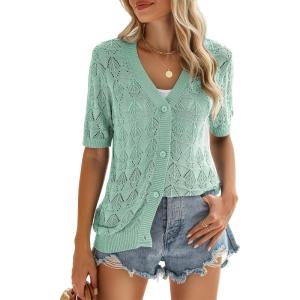 Zeagoo Women’s Short Sleeve 2026 Summer Crochet Cropped Cardigan V Neck Button up Bolero Shrug Sweater(Mint Green)