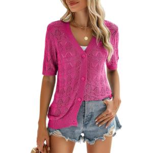 Zeagoo Women’s Short Sleeve 2026 Summer Crochet Cropped Cardigan V Neck Button up Bolero Shrug Sweater(Rose)