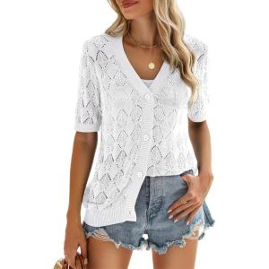 Zeagoo Women’s Short Sleeve 2026 Summer Crochet Cropped Cardigan V Neck Button up Bolero Shrug Sweater(White)