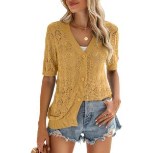 Zeagoo Women’s Short Sleeve 2026 Summer Crochet Cropped Cardigan V Neck Button up Bolero Shrug Sweater(Yellow)