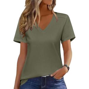 Zeagoo Womens Short Sleeve Shirts for Summer Casual V-Neck Blouse Shirts 2025 Dressy Tops with Pleats(Army Green)