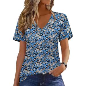 Zeagoo Womens Short Sleeve Shirts for Summer Casual V-Neck Blouse Shirts 2025 Dressy Tops with Pleats(Blue Floral-02)