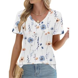 Zeagoo Womens Short Sleeve Shirts for Summer Casual V-Neck Blouse Shirts 2025 Dressy Tops with Pleats(Flower-1)