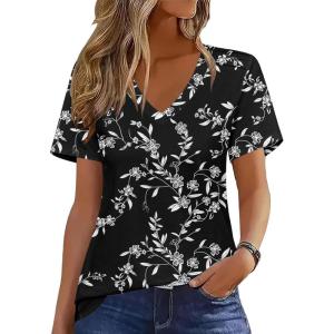 Zeagoo Womens Short Sleeve Shirts for Summer Casual V-Neck Blouse Shirts 2025 Dressy Tops with Pleats(Flower-10)