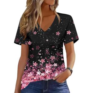 Zeagoo Womens Short Sleeve Shirts for Summer Casual V-Neck Blouse Shirts 2025 Dressy Tops with Pleats(Flower-11)