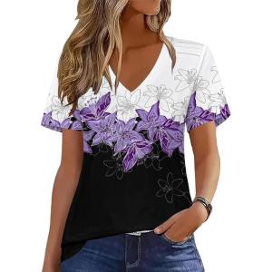 Zeagoo Womens Short Sleeve Shirts for Summer Casual V-Neck Blouse Shirts 2025 Dressy Tops with Pleats(Flower-12)