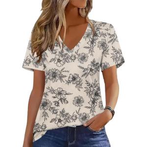 Zeagoo Womens Short Sleeve Shirts for Summer Casual V-Neck Blouse Shirts 2025 Dressy Tops with Pleats(Flower-13)