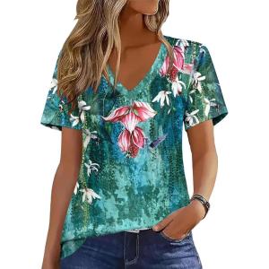 Zeagoo Womens Short Sleeve Shirts for Summer Casual V-Neck Blouse Shirts 2025 Dressy Tops with Pleats(Flower-2)