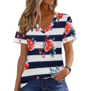 Zeagoo Womens Short Sleeve Shirts for Summer Casual V-Neck Blouse Shirts 2025 Dressy Tops with Pleats(Flower-3)