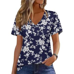 Zeagoo Womens Short Sleeve Shirts for Summer Casual V-Neck Blouse Shirts 2025 Dressy Tops with Pleats(Flower-4)