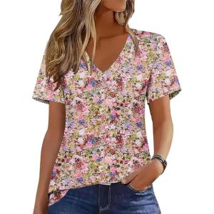 Zeagoo Womens Short Sleeve Shirts for Summer Casual V-Neck Blouse Shirts 2025 Dressy Tops with Pleats(Flower-5)