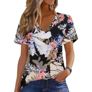 Zeagoo Womens Short Sleeve Shirts for Summer Casual V-Neck Blouse Shirts 2025 Dressy Tops with Pleats(Flower-8)