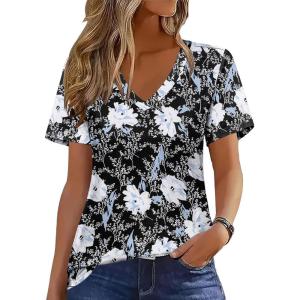 Zeagoo Womens Short Sleeve Shirts for Summer Casual V-Neck Blouse Shirts 2025 Dressy Tops with Pleats(Flower-9)