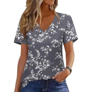 Zeagoo Womens Short Sleeve Shirts for Summer Casual V-Neck Blouse Shirts 2025 Dressy Tops with Pleats(Grey Floral)