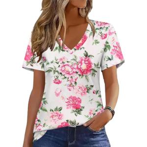 Zeagoo Womens Short Sleeve Shirts for Summer Casual V-Neck Blouse Shirts 2025 Dressy Tops with Pleats(Pink Floral)