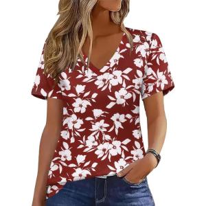 Zeagoo Womens Short Sleeve Shirts for Summer Casual V-Neck Blouse Shirts 2025 Dressy Tops with Pleats(Red Floral)