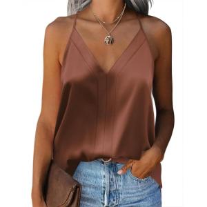 Zeagoo Womens Silk Satin Tank Tops V Neck Sleeveless Camisole Cami Spaghetti Straps Blouse Summer Loose Racerback Shirt(Brown)