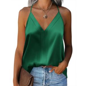 Zeagoo Womens Silk Satin Tank Tops V Neck Sleeveless Camisole Cami Spaghetti Straps Blouse Summer Loose Racerback Shirt(Green)