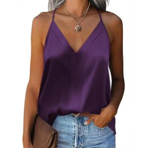 Zeagoo Womens Silk Satin Tank Tops V Neck Sleeveless Camisole Cami Spaghetti Straps Blouse Summer Loose Racerback Shirt(Light Purple)