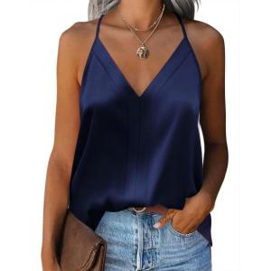 Zeagoo Womens Silk Satin Tank Tops V Neck Sleeveless Camisole Cami Spaghetti Straps Blouse Summer Loose Racerback Shirt(Navy Blue)