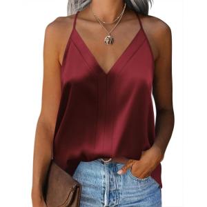 Zeagoo Womens Silk Satin Tank Tops V Neck Sleeveless Camisole Cami Spaghetti Straps Blouse Summer Loose Racerback Shirt(Wine Red)