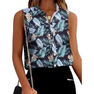Zeagoo Women’s Sleeveless Button Down Shirts Blouses Solid Casual Basic V Neck Tank Tops for Work S-XXL(Green Flower)