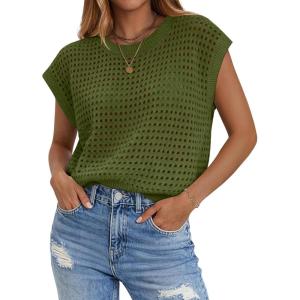 Zeagoo Womens Spring Summer Crochet Tops Cap Sleeve Sweater Vest Hollow Out Pullover Shirts Beach Vacation Clothes(Army Green)