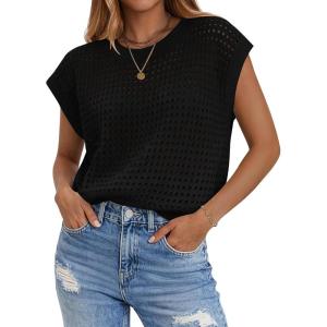 Zeagoo Womens Spring Summer Crochet Tops Cap Sleeve Sweater Vest Hollow Out Pullover Shirts Beach Vacation Clothes(Black)