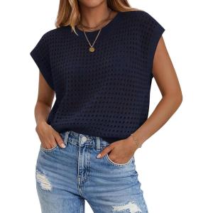 Zeagoo Womens Spring Summer Crochet Tops Cap Sleeve Sweater Vest Hollow Out Pullover Shirts Beach Vacation Clothes(Navy Blue)