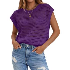 Zeagoo Womens Spring Summer Crochet Tops Cap Sleeve Sweater Vest Hollow Out Pullover Shirts Beach Vacation Clothes(Purple)