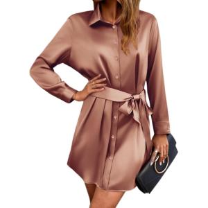 Zeagoo Women’s Stain Long Sleeve Dress Button Down Shirts Tunic Dresses Casual V-Neck Mini Dress with Belt(Bc)