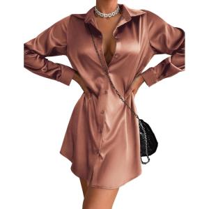 Zeagoo Women’s Stain Long Sleeve Dress Button Down Shirts Tunic Dresses Casual V-Neck Mini Dress with Belt(Brown)