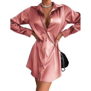 Zeagoo Women’s Stain Long Sleeve Dress Button Down Shirts Tunic Dresses Casual V-Neck Mini Dress with Belt(Deep Pink)