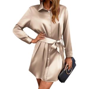 Zeagoo Women’s Stain Long Sleeve Dress Button Down Shirts Tunic Dresses Casual V-Neck Mini Dress with Belt(Khaki-2)