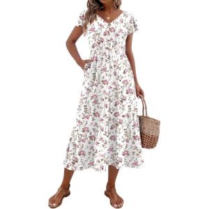 Zeagoo Women’s Summer Casual Dress Flutter Short Sleeve V Neck Button Down Tiered Flowy Long Dress with Pockets(Bf310)