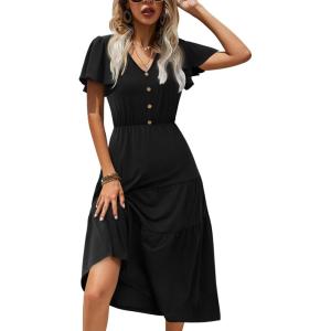 Zeagoo Women’s Summer Casual Dress Flutter Short Sleeve V Neck Button Down Tiered Flowy Long Dress with Pockets(Black)
