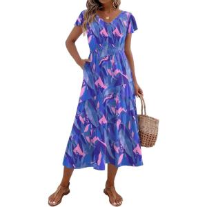 Zeagoo Women’s Summer Casual Dress Flutter Short Sleeve V Neck Button Down Tiered Flowy Long Dress with Pockets(Blue Floral)