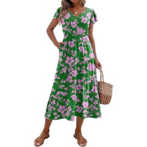 Zeagoo Women’s Summer Casual Dress Flutter Short Sleeve V Neck Button Down Tiered Flowy Long Dress with Pockets(Dh594)