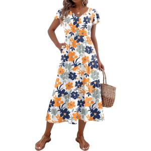 Zeagoo Women’s Summer Casual Dress Flutter Short Sleeve V Neck Button Down Tiered Flowy Long Dress with Pockets(Floral-3)