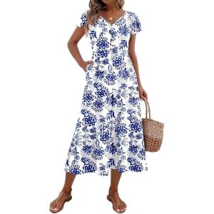 Zeagoo Women’s Summer Casual Dress Flutter Short Sleeve V Neck Button Down Tiered Flowy Long Dress with Pockets(Floral-4)