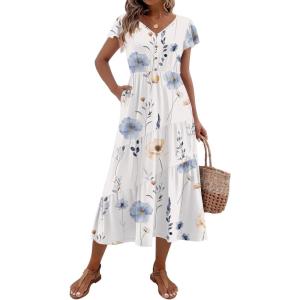 Zeagoo Women’s Summer Casual Dress Flutter Short Sleeve V Neck Button Down Tiered Flowy Long Dress with Pockets(Floral-bf112)