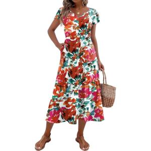 Zeagoo Women’s Summer Casual Dress Flutter Short Sleeve V Neck Button Down Tiered Flowy Long Dress with Pockets(Floral-dh14)