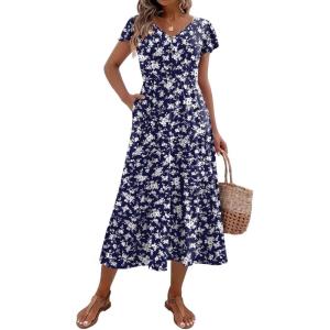 Zeagoo Women’s Summer Casual Dress Flutter Short Sleeve V Neck Button Down Tiered Flowy Long Dress with Pockets(Floral-xh445)