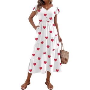 Zeagoo Women’s Summer Casual Dress Flutter Short Sleeve V Neck Button Down Tiered Flowy Long Dress with Pockets(Love)