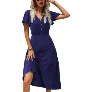 Zeagoo Women’s Summer Casual Dress Flutter Short Sleeve V Neck Button Down Tiered Flowy Long Dress with Pockets(Navy Blue)