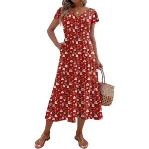 Zeagoo Women’s Summer Casual Dress Flutter Short Sleeve V Neck Button Down Tiered Flowy Long Dress with Pockets(Red Floral)