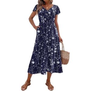 Zeagoo Women’s Summer Casual Dress Flutter Short Sleeve V Neck Button Down Tiered Flowy Long Dress with Pockets(Sf180)